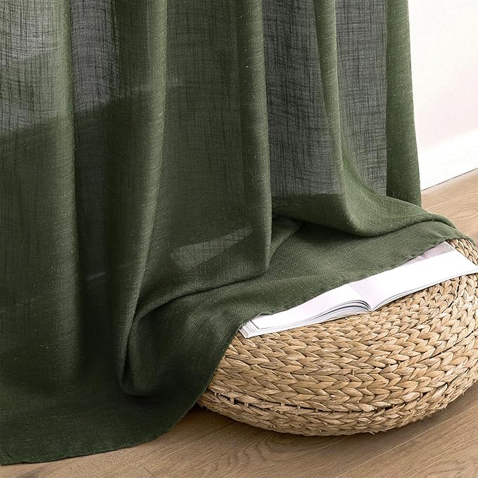 MIULEE Olive Green Linen Curtains 84 Inch Length 2 Panels for Bedroom Living Room, Soft Thick Linen Textured Natural Window Drapes Semi Sheer Light Filtering Back Tab Rod Pocket Burlap Look Decor