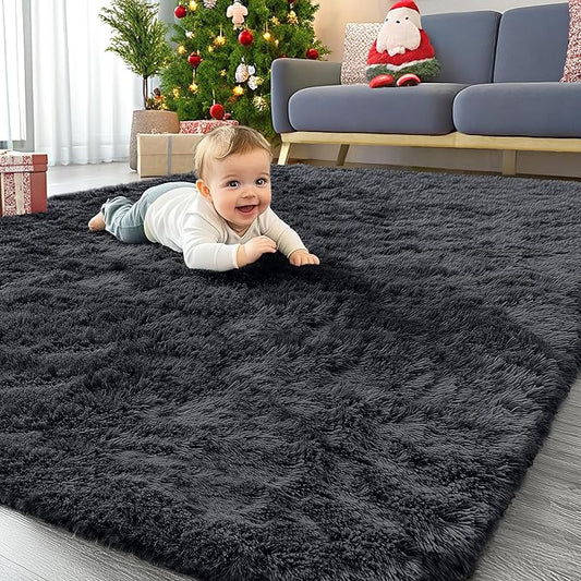 OLANLY 4x12 Area Rugs for Living Room Bedroom, Machine Washable Soft Fluffy Shaggy Bedside Rug, Indoor Floor Carpet for Kids Girls and Boys, Dorms, Nursery Rooms, Home Decor Aesthetic, Black
