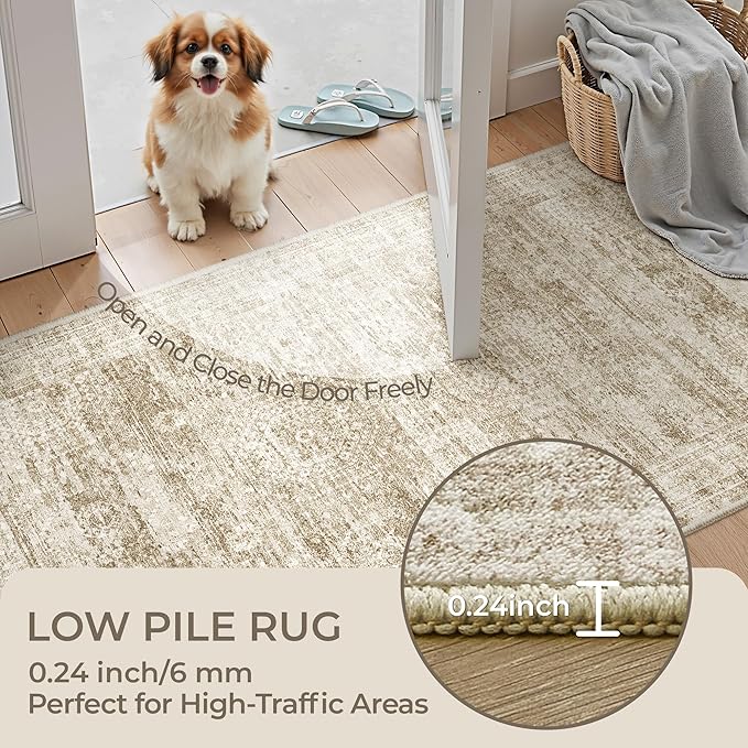 3x6 Runner Rug Non Slip, Thin Entryway Washable Rug for Entryway, Runners for Hallways, Low Pile Vintage Abstract Soft Rugs for Living Room, Kitchen, Bedroom(3'x6', Brown/Ivory)