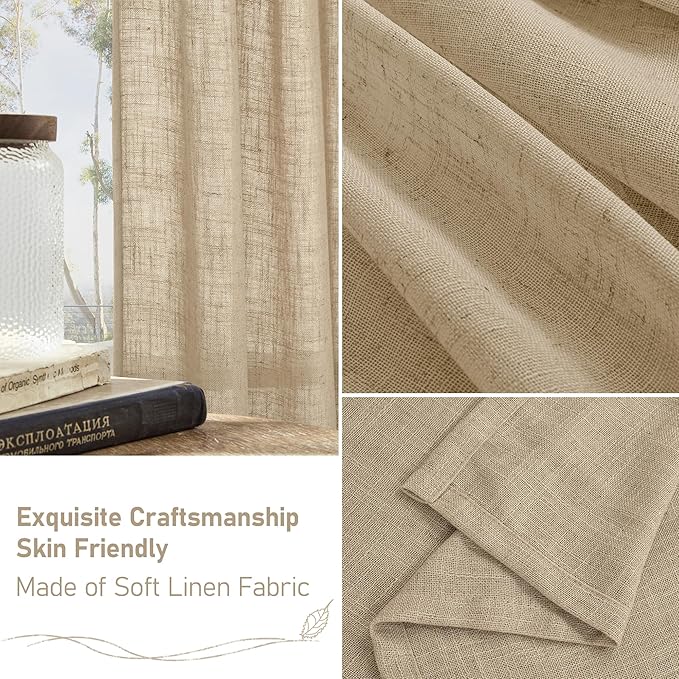 LAMIT Brown Linen Window Curtains 30 Inches Long 2 Panels, Semi Sheer Light Filtering Panels Back Tab and Rod Pocket Neutral Drapes for Basement/Small Windows, 34 x 30 Inch