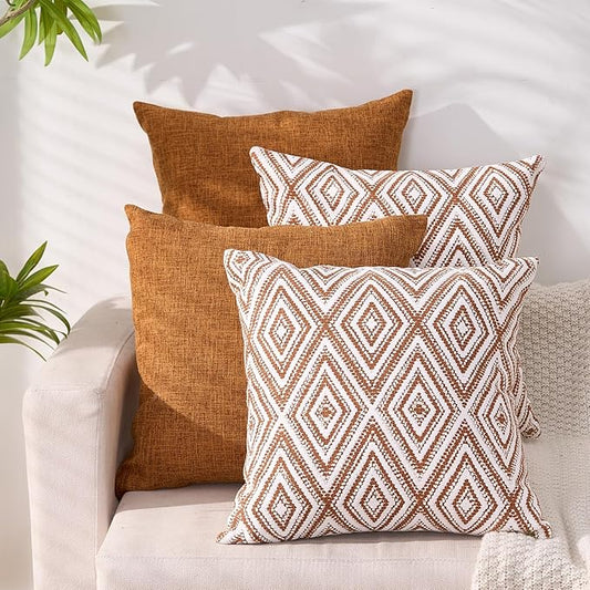 HPUK Decorative Throw Pillow Covers Set of 4 Geometric Design Linen Cushion Cover for Couch Sofa Living Room, 18"x18" inches, Golden Brown
