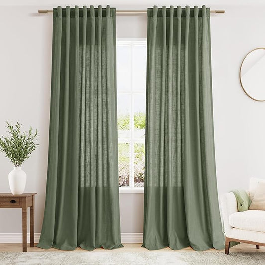 Olive Green Linen Curtains 96 Inches Long for Living Room Rod Back Tab Vintage Rustic Farmhouse Light Filtering Curtain Burlap Textured Linen Drapes 96 Inch Length for Dinning Room Bedroom 52x96
