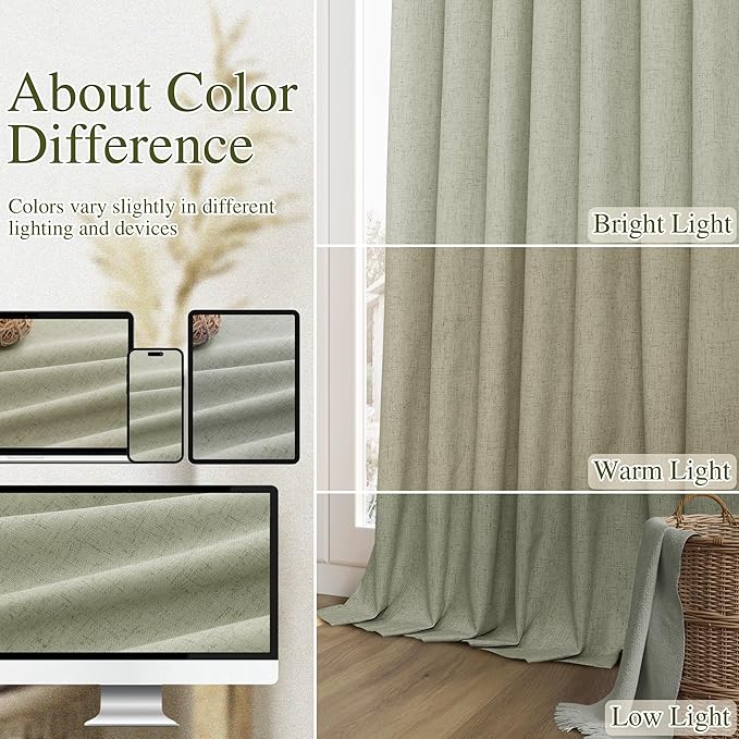 Sage Green 100% Blackout Linen Curtains 84 Inch Length 2 Panels Set for Living Room Bedroom Back Tab Thermal Insulated Black Out Drapes Room Darkening Farmhouse Style for Bedroom Window Curtains