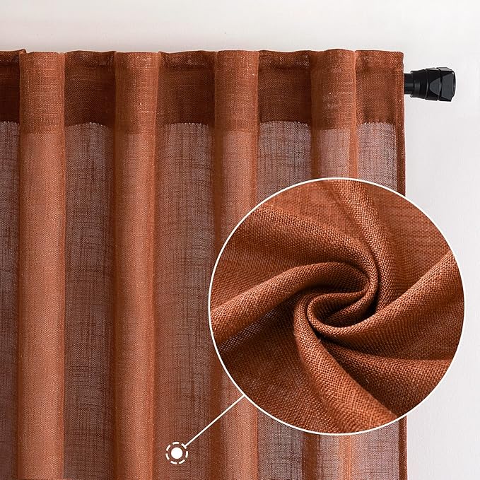 MIULEE Burnt Orange Linen Curtains 96 Inch Long for Bedroom Living Room, Soft Thick Linen Textured Window Drapes Terracotta Rust Boho Fall Decor Semi Sheer Light Filtering Back Tab 2 Panels