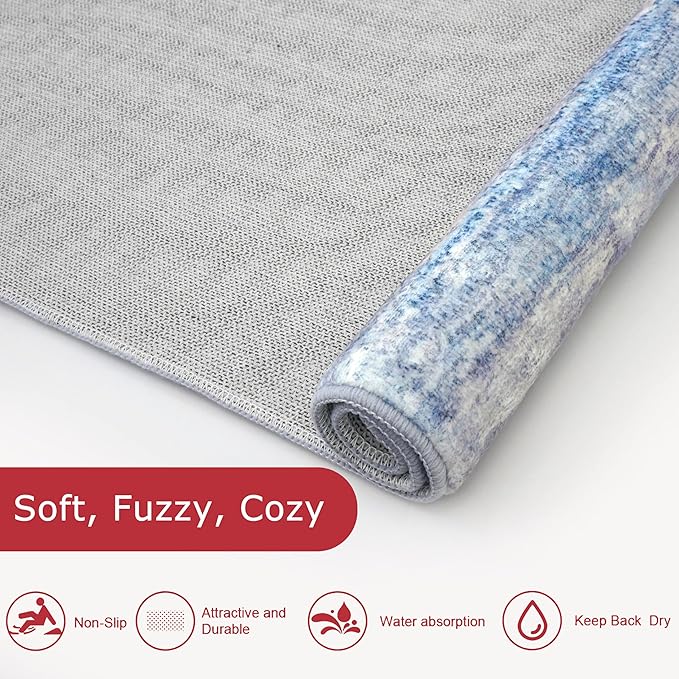 KOZYFLY Modern Abstract Washable Rug Runner 2.6x16 Hallway Rug Runner Non-Slip Soft Kitchen Runner Rugs, Blue/Grey/Beige Striped Carpet for Stair Entryway Bathroom Laundry Room Foyer