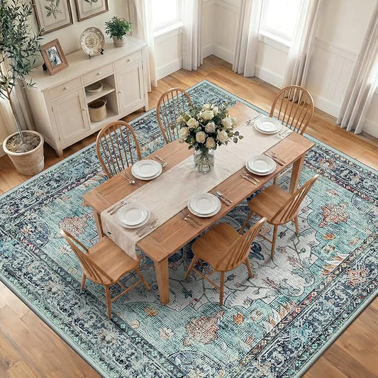 RELEANY Area Rugs Square 10ft Washable Non-Slip, Floral Vintage Distress Print Pattern Medallion Carpet for Living Room Bedroom Dining Room, Green Navy Blue White Red Teal Colorful