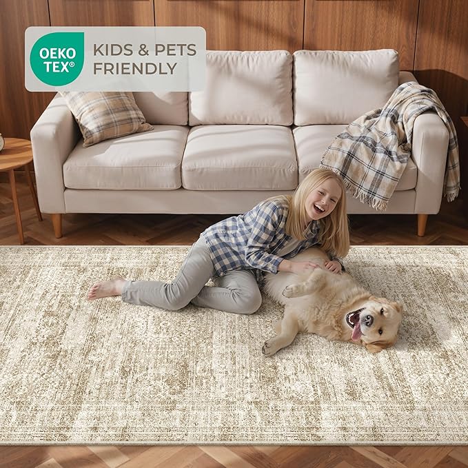 Washable Runner Rug 2.5x12, Non-Slip Long Bathroom Rugs Runner for Kitchen, Living Room, Bedroom, Soft Vintage Washable Rug for Entryway, Thin Floor Mat for Dining Room(2.5'x12', Brown/Ivory)