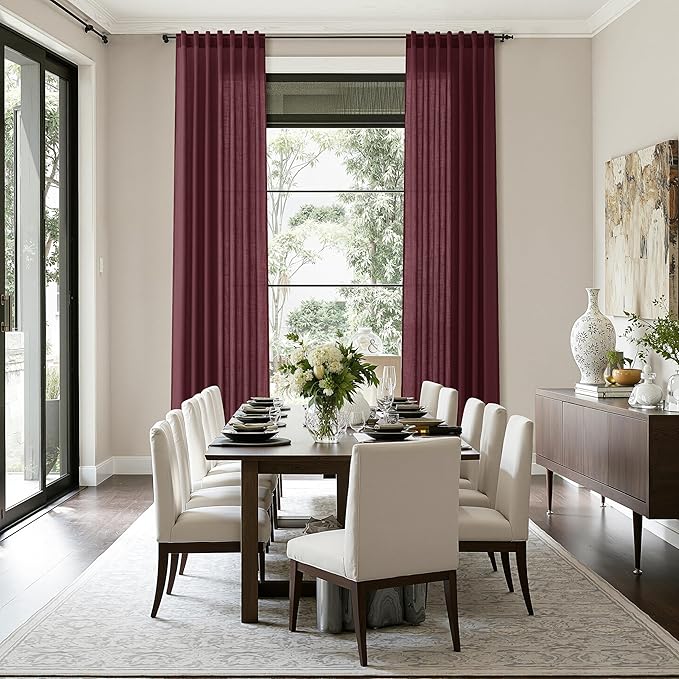 Nanspring Burgundy Linen Curtains 132 Inch Length for Living Room Light Filtering Semi Sheer Curtain Back Tab Vintage Boho Decor Drapes Floor to Ceiling High Window for Bedroom 52x132, 2 Panels