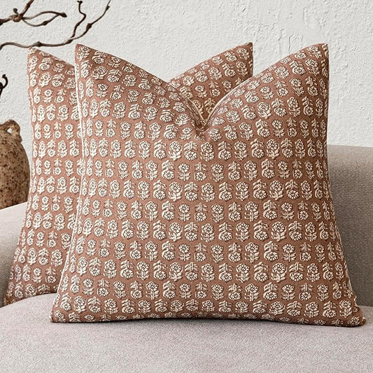 Foindtower Set of 2 Decorative Neutral Floral Print Throw Pillow Covers Vintage Farmhouse Cushion Covers Boho Home Decor for Sofa Chair Couch Bedroom Living Room,18×18 Inch,Light Orange Brown