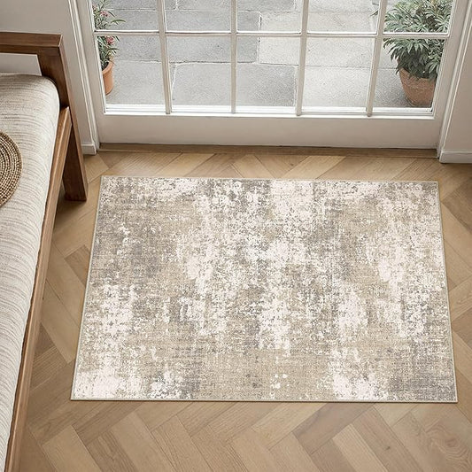 PureCozy Beige Area Rug 2x3 Machine Washable Modern Abstract Entryway Carpet Non Slip Neutral Door Mat Low Pile Soft Non Shedding Contemporary Throw Rug for Bathroom Laundry Kitchen Dining Room