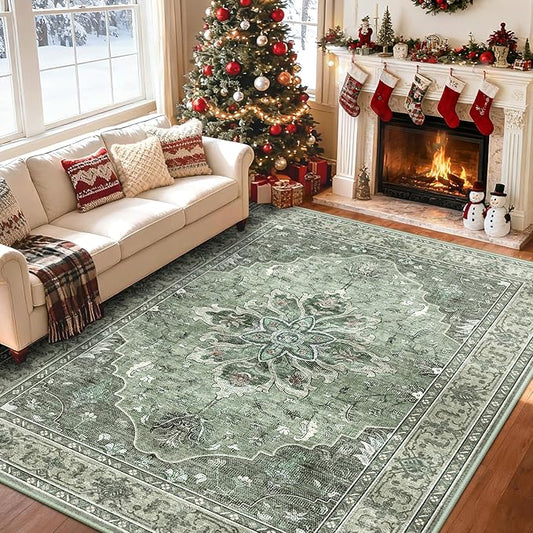 RELEANY Area Rugs 6'x8' Washable Non-Slip, Floral Vintage Distress Print Pattern Medallion Carpet for Living Room Bedroom Dining Room, Dark Green Gray