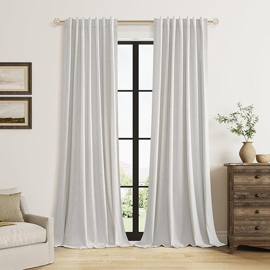 Guken Natural Linen 100% Blackout Curtains 96 Inches Long Floor to Ceiling Drapes for Living Room, Rustic Farmhouse Room Darkening Winter Thermal Insulated Black Out Sliding Barn Door Curtain, 52x96