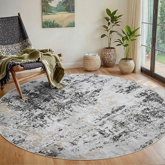 Round Rug 6ft Circle Rug Washable: Carpet Small Circular Area Rug for Entryway Kitchen Bedroom Dining Room Living Room 6 Feet Abstract College Dorm Non Slip Low Pile Black Grey Gold