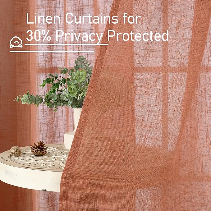 LAMIT 95 Inches Long Terracotta Linen Curtains for Living Room, Back Tab and Rod Pocket Linen Textured Curtains Light Filtering Boho Drapes for Bedroom/Dining Room, Set of 2, 52 x 95 Inch