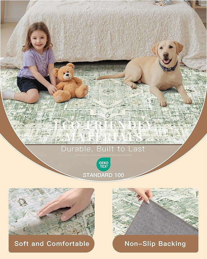 Madane Washable Runner Rug - 2x6 Rug Runners for Hallways 6 Foot Non Slip Vintage Kitchen Runner Rug Ultra-Thin Bathroom Runner Rugs Carpet Laundry Room Bedroom (2x6ft, Green/Ivory)
