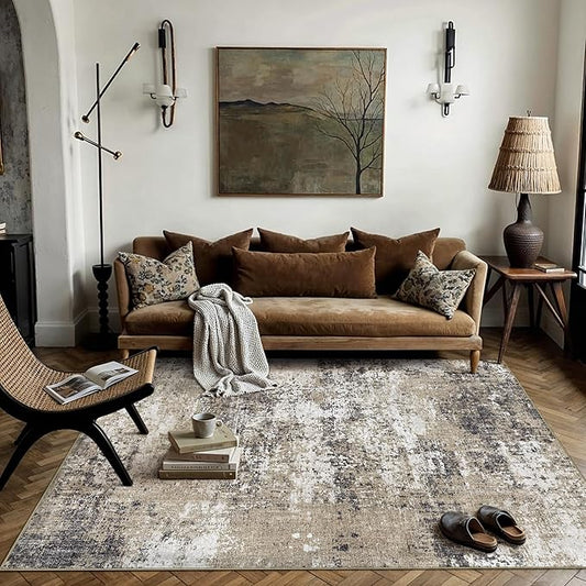 PureCozy 5x7 Abstract Area Rug Brown Washable Non Slip Living Room Carpet Modern Neutral Low Pile Ultra Soft Bedroom Throw Rug Contemporary Indoor for Kitchen Office Laundry Dining Room Bathroom