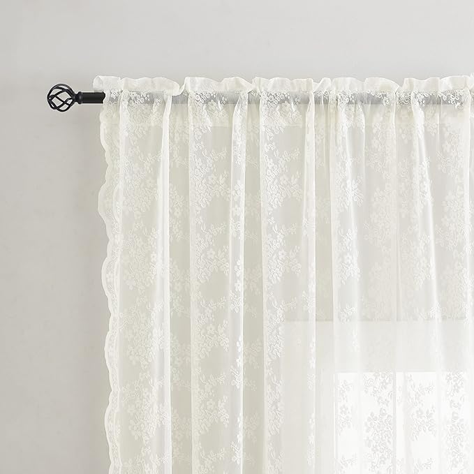 YJ YANJUN Vintage Lace Curtains 63 Inches Length- Elegant Victorian Floral Ivory Sheer Curtain Panels for Living Room Bedroom Kitchen, Scalloped Edges Rod Pocket, 2 Panels 52W x 63L Cream