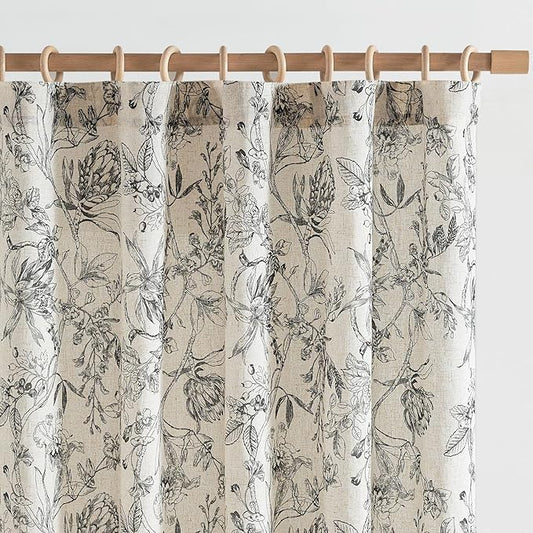 jinchan Floral Curtains 84 Inches Long Black Flower Linen Farmhouse Curtain for Living Room French Country Vintage Curtain Rod Pocket Curtains Set 2 Panels Balck Floral Printed