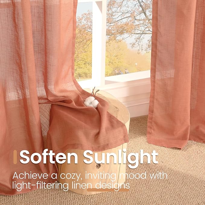 BGment Terracotta Short Linen Curtains 48 Inch Length, Burnt Orange Light Filtering Drapes Semi Sheer with Rod Pocket Rustic for Small Living Room Bedroom Lightweight, 2 Panels Set, Each 42 Inch Wide