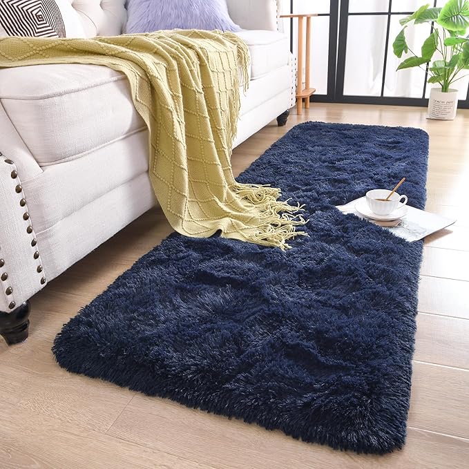 Chicrug Soft Runner Rug for Bedroom Living Room Plush Fluffy Rug 2x6 Feet, Shag Furry Runner Area Rug Carpet Non Shedding for Nursery Children Kids Girls Room Home Decorative, Navy Blue