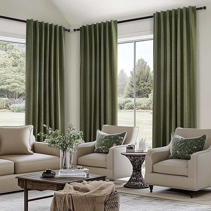 Topfinel 102 Inch Long Linen Blended Blackout Curtains 2 Panels, Back Tab Pleated Look Drapes for Track System with Hooks, Noise Reducing Country Blackout Winodw Curtains 52x102-Loden/Olive Green