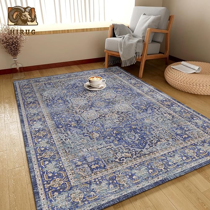 Washable Area Rug 8' x 10' Vintage Traditional Persian Mat - Foldable Distressed Non-Slip Machine Washable Carpet for Living Room Bedroom Kitchen Home Decor - Indigo and Gold