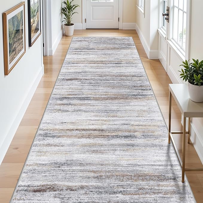5x12 Runner Rug for Wide Hallway: Long Washable Runners for Entryway Living Room Dining Room - Stain and Water Resistant Rugs with Non-Slip Backing - Soft Low-Pile Carpet Beige Grey