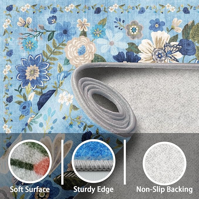 Area Rugs 24x17 Inch Home Decor Entry Rug, Small Door Mat Bath Mats for Bathroom, Ultra-Thin Non Slip Floral Low Pile Tub Mat for Sink Shower Doorway Tub Kitchen Sink(2 x 1.4 ft, Blue Garden)