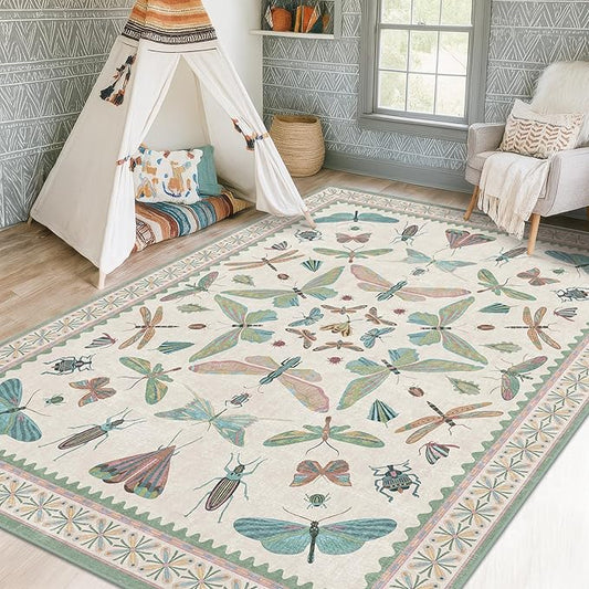 5x7 Pink and Green Nursery Rug - Colorful Rug for Playroom, Bedroom, Living Room, Insect Butterfly Floral Non-Slip Soft Carpet