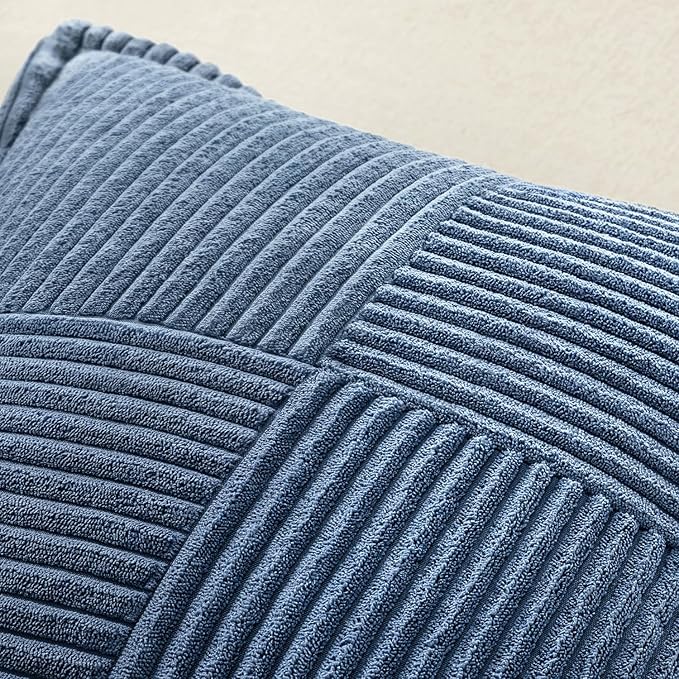 MIULEE Decorative Lumbar Throw Pillow Covers for Couch Bed Livingroom 14x24 Inch Set of 2 Blue Boho Accent Throw Pllows Broadside Striped Patchwork Soft Corduroy Summer Coastal Pillowcases