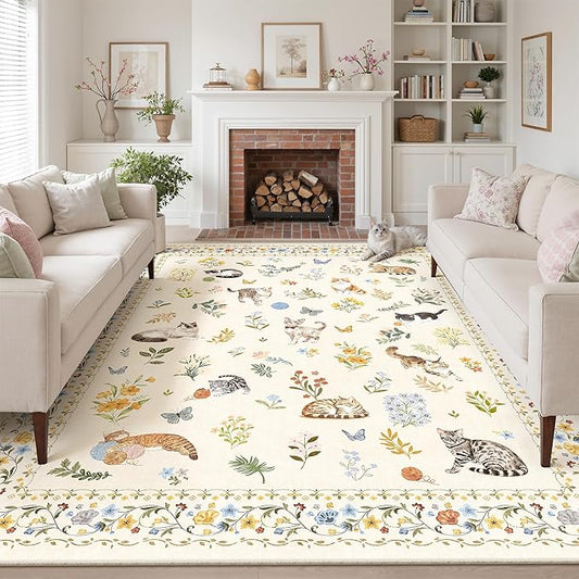 Cat 8x10 Area Rugs for Living Room, Machine Washable Animal Floral Vintage Rug Non-Slip Low Pile Soft Throw Large Rugs for Bedroom Dining Room Kitchen Nursery Playroom (8 x 10,Beige)