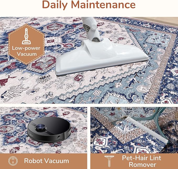 OPPODREAM Soft 8x10 Area Rugs, Washable Rugs 8x10 with Non Slip Backing, Faux Cashmere Low-Pile 8 x 10 Carpet, Navy Blue & Red & Cream