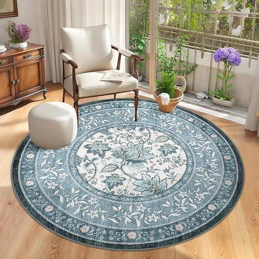 GarveeHome Misty Blue Botanical Grove 6ft Round Rug, Small Circle Vintage Cottagecore Soft Low-Pile Non-Slip Washable Rugs for Living Room Bedroom Nursery Kitchen Retro Carpet