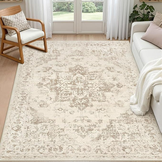 5x7 Area Rugs for Living Room: Vintage Boho Neutral Washable Rug Indoor Soft Large Area Rug Carpet for Bedroom Nursery Farmhouse Dining Room Office Floor Non-Slip Low Pile Under Table Rug Beige/Ivory