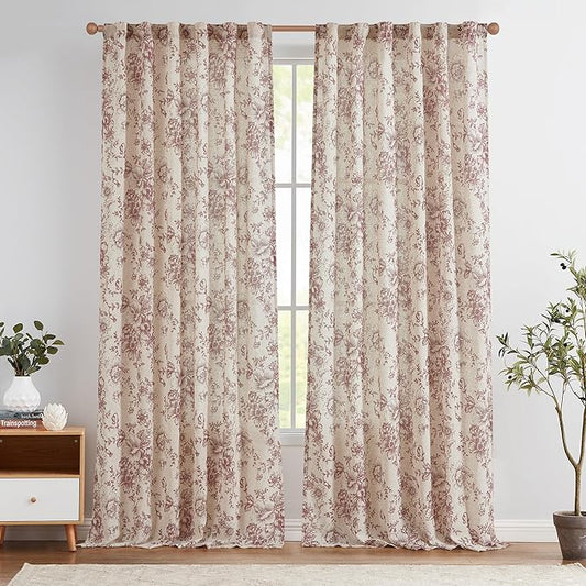 jinchan Linen Blend Curtain Floral Curtains for Living Room 108 Inch Length Farmhouse Brick Red Printed Curtain Rod Pocket Back Tab Peony Flower Patterned Drapes Curtains Set 2 Panels