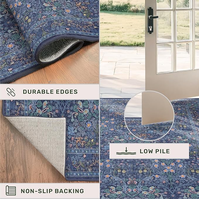 Dark Blue 2x8 Kitchen Runner Rugs - 8ft Long Machine Washable Hallway Runner Non Slip, Floral Pattern Indoor Floor Mats for Entryway, Oriental Floral Design Home Décor