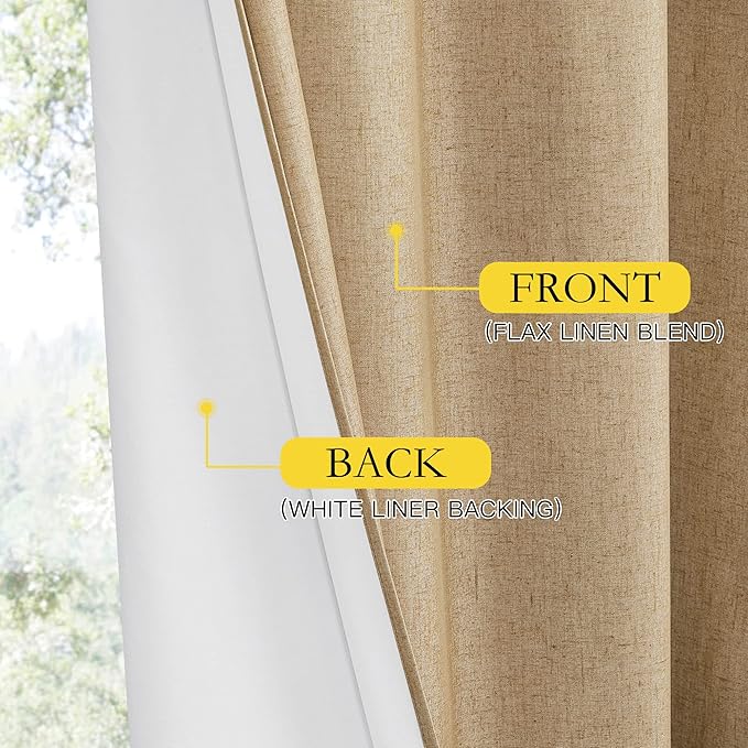 NICETOWN 100% Absolutely Blackout Linen Curtains with Thermal Insulated White Liner, Camel, W52 x L95, 2 Panels, Textured Linen Look Noise Reducing Window Treatments Drapes for Bedroom/Living Room