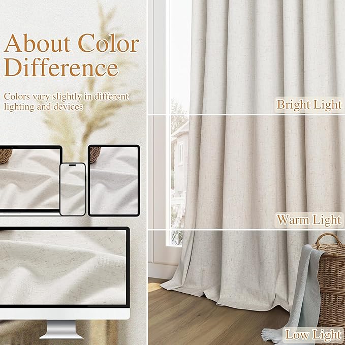 Guken Boho Extra Long 120 Inches 100% Black Out Curtains for Living Room Bedroom Back Tab Sound Proof Heat Blocking Thermal Insulated Linen Drapes Room Darkening Window Curtain