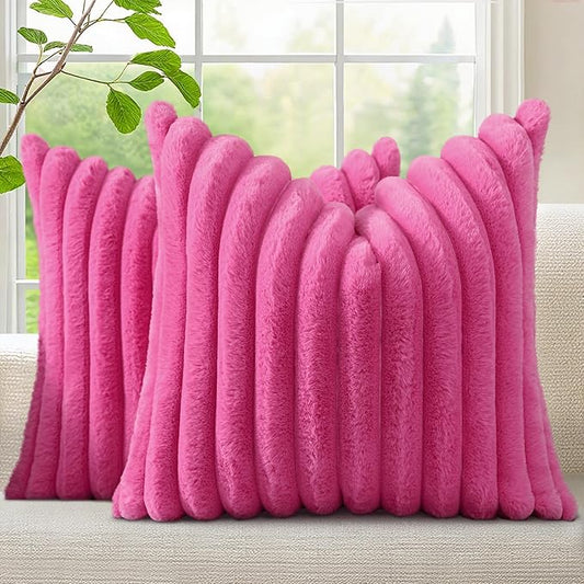decorUhome Summer Cozy Faux Fur Throw Pillow Covers 20x20 Set of 2 Decorative Soft Plush Striped Modern Farmhouse Boho Couch Pillow Cases with Velvet Back for Sofa Bed Living Room, Hot Pink