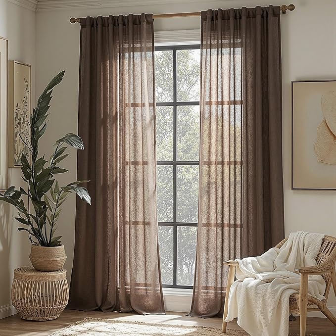 MYSKY HOME Dark Brown Curtains 96 Inches Long for Living Room Sliding Glass Door Semi Sheer Drapes Light Filtering Window Treatments Soft Farmhouse Style Privacy Protect Back Tab, 50" x 96", 2 Panels