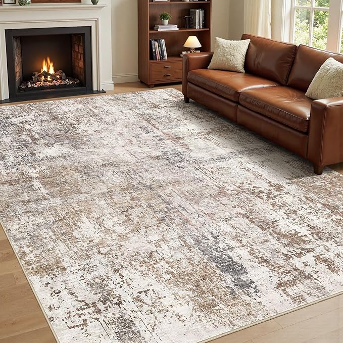 UERMEI 5x8 Area Rug Living Room Rugs - Washable Neutral Modern Abstract Soft Thin Rug Indoor Floor No Slip Rug Carpet for Bedroom Under Dining Table Home Office Decor - Brown/Grey/Red