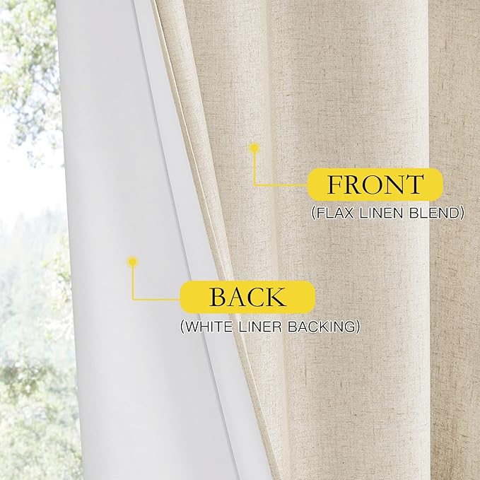 NICETOWN Linen Blackout Curtains 45" Long for Classroom, Beige, Set of 2, Short Kitchen Burlap Linen 100% Blackout Drape Panels for Night Shift, Great Job for Blocking Light