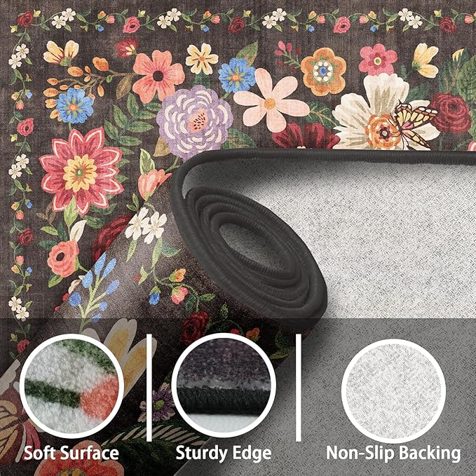 Black/Brown Floral Rug for Entryway, 2x3 Washable Kitchen Mat Ultra-Thin Soft, Non-Slip Indoor Door Carpet Stain Resistant Boho Small Low-Pile Throw for Bathroom Bedroom (2 x 3, Black/Brown)
