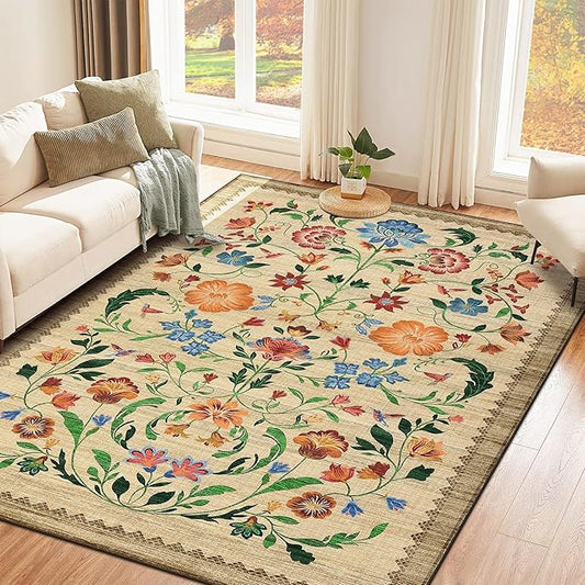 GarveeHome Washable Rug 4x6 Area Rugs for Living Room, Floral Rug for Bedroom, Soft Boho Non Slip Throw Rugs with Rubber Back, Low Pile Stain Resistant Vintage Floral Carpet for Dining Room, Beige