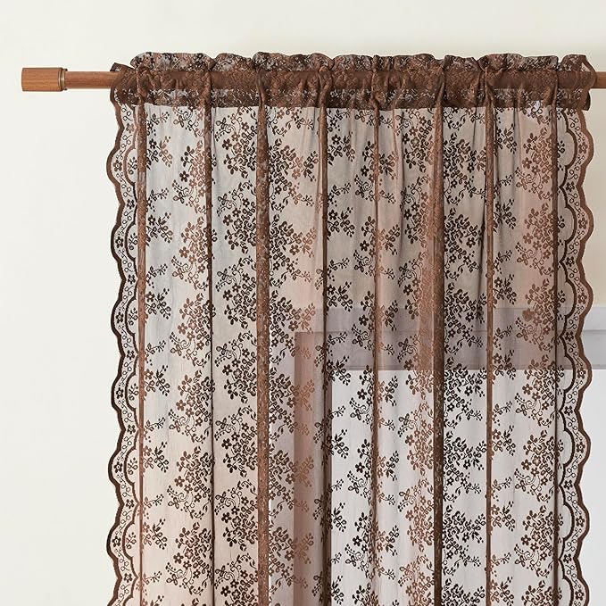 YJ YANJUN Vintage Lace Curtains 63 Inch Length-Victorian Floral Brown Sheer Curtain Panels for Living Room Bedroom,Light Filtering, Rustic Farmhouse Neutral Decor Set of 2 52W x 63L Espresso