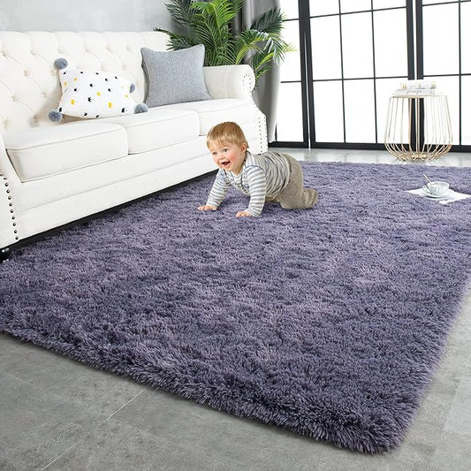TWINNIS Super Soft Shaggy Rugs Fluffy Carpets 9x12 Feet, Indoor Modern Plush Area Rugs for Living Room Bedroom Kids Room Nursery Home Decor, Upgrade Anti-Skid Fuzzy Rug, Grey Purple