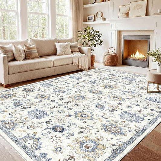 AMADA HOMEFURNISHING 8x10 Washable Area Rug, Low-Profile Large Area Rug with Non-Slip Backing & Durable Edge Binding, Vintage Large Rugs for Living Room, Bedroom, Dinning Room