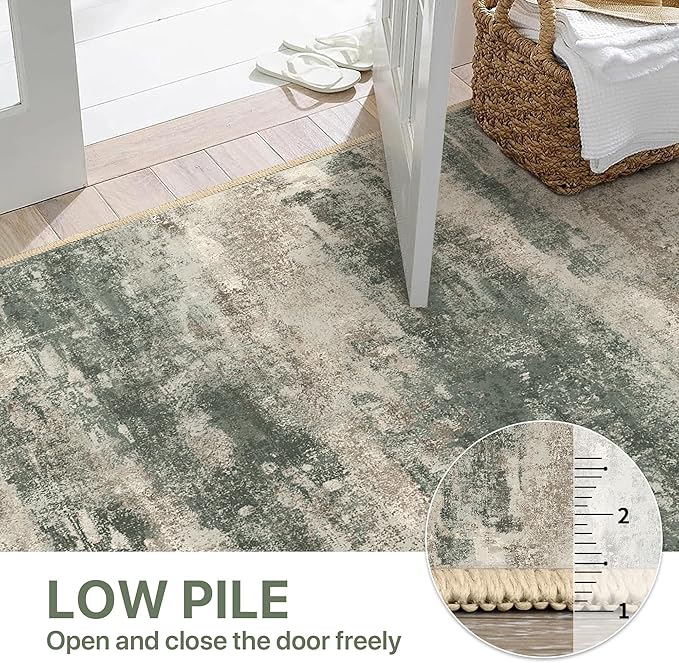Runner Rug for Hallway Kitchen, 2'6"x6' Machine Washable Runners Rug for Entryway, Soft Modern Abstract Throw Rugs, Low Pile Floor Cover with Non Slip Backing, Grey/Dark Green