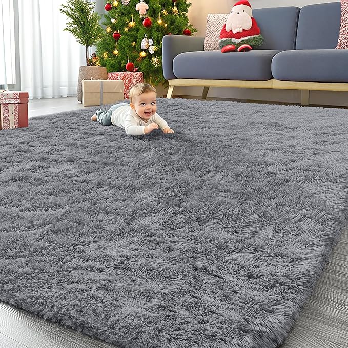 OLANLY 7x12 Machine Washable Large Area Rugs for Living Room, Bedroom, Soft Fluffy Shaggy Bedside Rug, Indoor Floor Carpet for Kids Girls and Boys, Dorms, Nursery, Home Decor Aesthetic, Light Grey