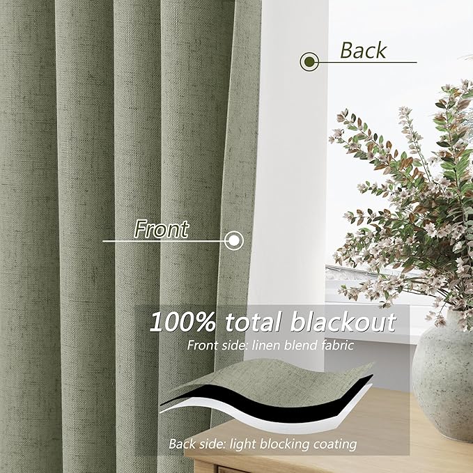 Sage Green 100% Blackout Linen Curtains 95 Inch Length 2 Panels Set for Living Room Bedroom Back Tab Rod Pocket Thermal Insulated Black Out Drapes Room Darkening Window Curtains 95 Inches Long